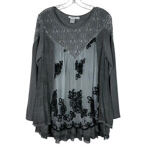 Feratelli Bohemian Sheer Lace Gray Ruffle Bottom Lagenlook Blouse Top Large L